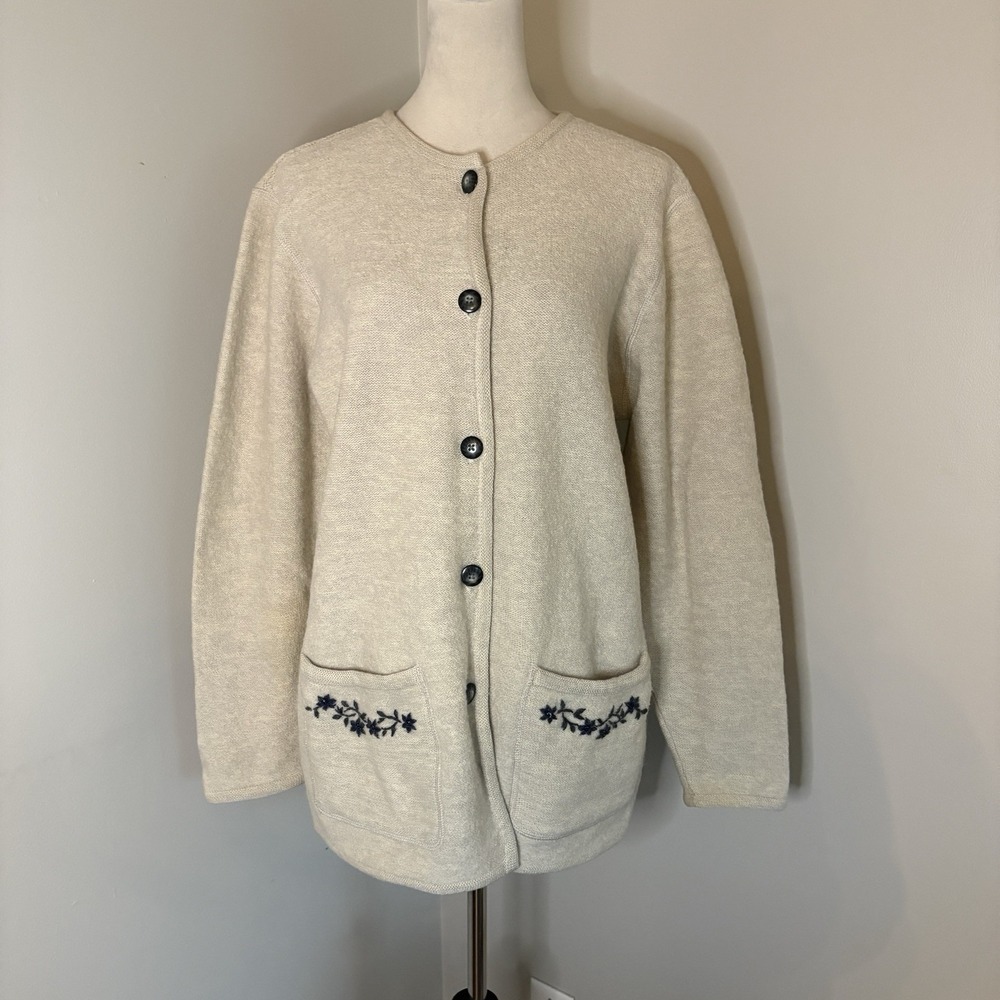 VTG 90s Erik Stewart 100% Wool Embroidered Pocket Cardigan Sweater Beige Large L